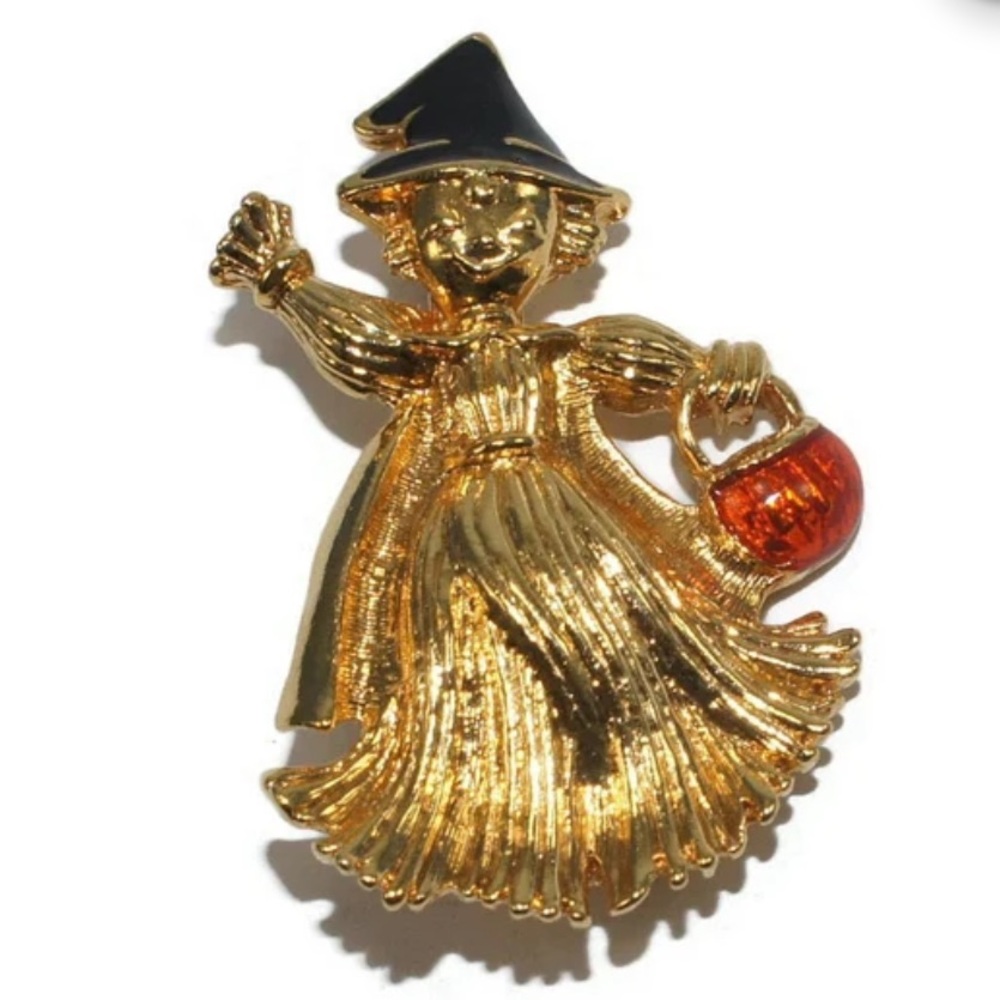 Vintage Avon Gold Halloween Witch Trick O Treater Brooch